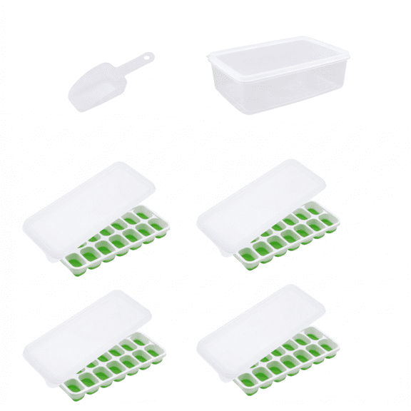 ROSEXIXI Ice Cube Tray Set, 4 Pack 14-Grid Flexible Silicone Bottom Ice Maker with Storage Bin and Scoop, Stackable Square Ice Mold for Freezer, Green