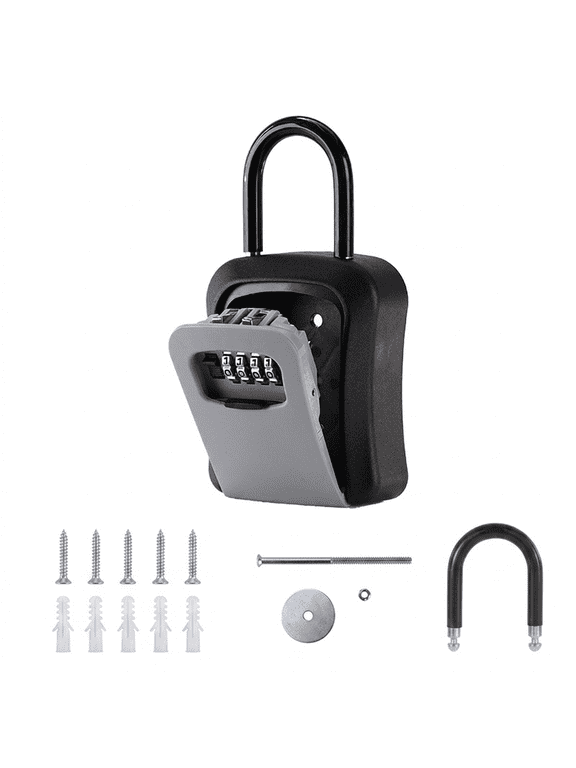 Key Lock Box, Weatherproof 4 Digit Combination Lockbox For Spare Keys, Hanging Door Lockbox Durable Grey Security Case Wall Mount For Outside For Realtors Guesthouses And Home Safety Storage
