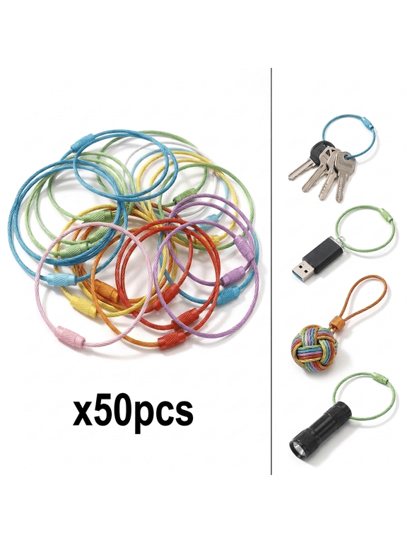 Key Ring, 50-Pack Colorful Keychain Making Kit – Durable Nylon-Coated Metal Wire Loops, Flexible Steel Cable Connectors with Barrel Twist Lock, Assorted Pastel Colors for DIY Crafting, Jewel