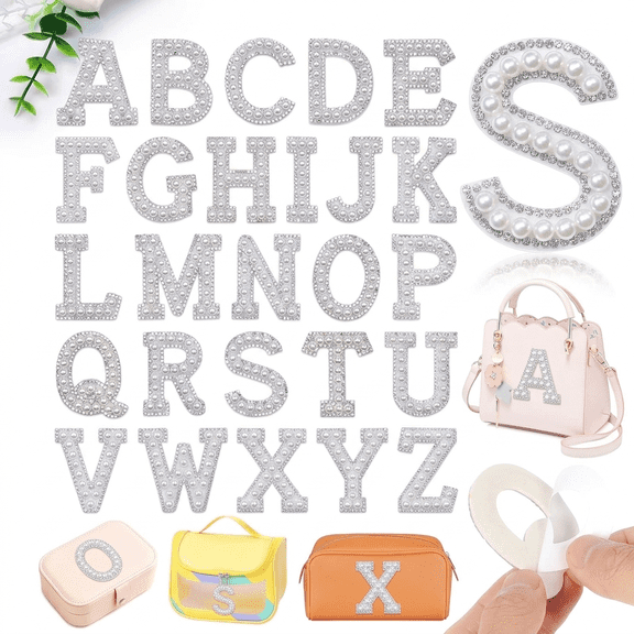 ROSEXIXI Letter Patches, 26pcs Self-Adhesive Sparkly Pearl Rhinestone Letters for Graduation Cap DIY Clothing Bags Hats