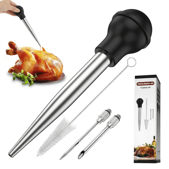 ROSEXIXI Meat Injector, 4Pcs 304 Stainless Steel Bulb Syringe with 2 Pump Needles, Marinade Injector & Cleaning Brush for Roasting, Smoking, BBQ & Cooking