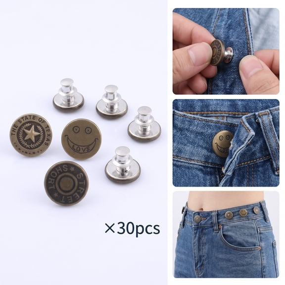 ROSEXIXI Mixed Styles, 30pcs Metal No-Sew Waist Extender Buttons, Adjustable Jean Button Pins for Pants Waist Resizing, Decorative Brass Clothing Buttons for Jeans and Pants