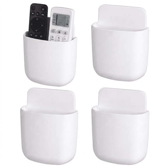 ROSEXIXI Remote Control Holder 4 Pack White Self Adhesive Wall Phone Stand Punch Free Bedside Cell Phone Holder And Space Saving Organizer For TV AC Remotes Nightstand Home Office Storage