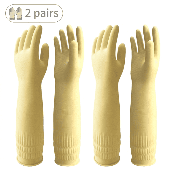 ROSEXIXI Rubber Gloves, 2 Pairs Thickened 17.7 inches Long Sleeve Elbow Length Latex, Textured Grip Waterproof Kitchen Dishwashing Gloves for Laundry Household Cleaning Tasks Large Size Beige