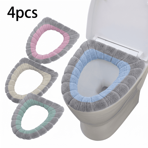 ROSEXIXI Toilet Seat Cover 4 Pcs Soft Padded Round Commode Ring Thickened Washable Toilet Seat Cushion Grey Pink Universal Plush Bathroom Warmer Mat For Home Improvement Accessories