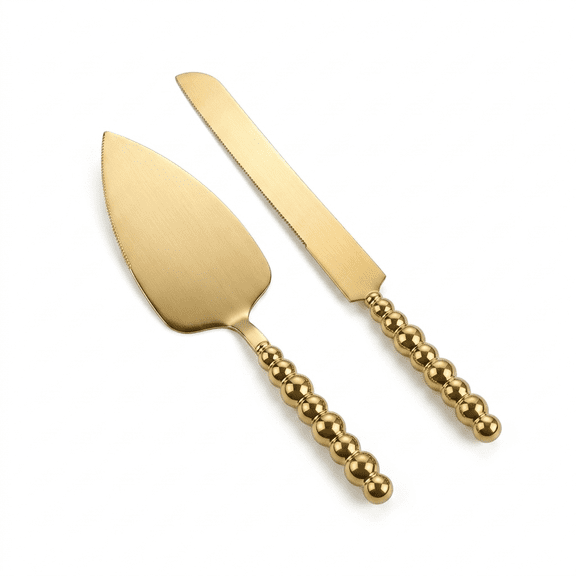 ROSEXIXI 2Pcs Cake Knife and Server Set Stainless Steel Beaded Handle Gold Wedding Dessert Gift Box