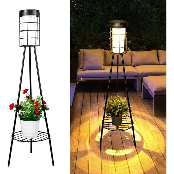 ROSHWEY 1PCS Solar Floor Lights with Plant Stand, Solar Floor Lamps with Flower Shelf Outdoor Waterproof, Solar Charging&USB Charging, Christmas Decor Gift