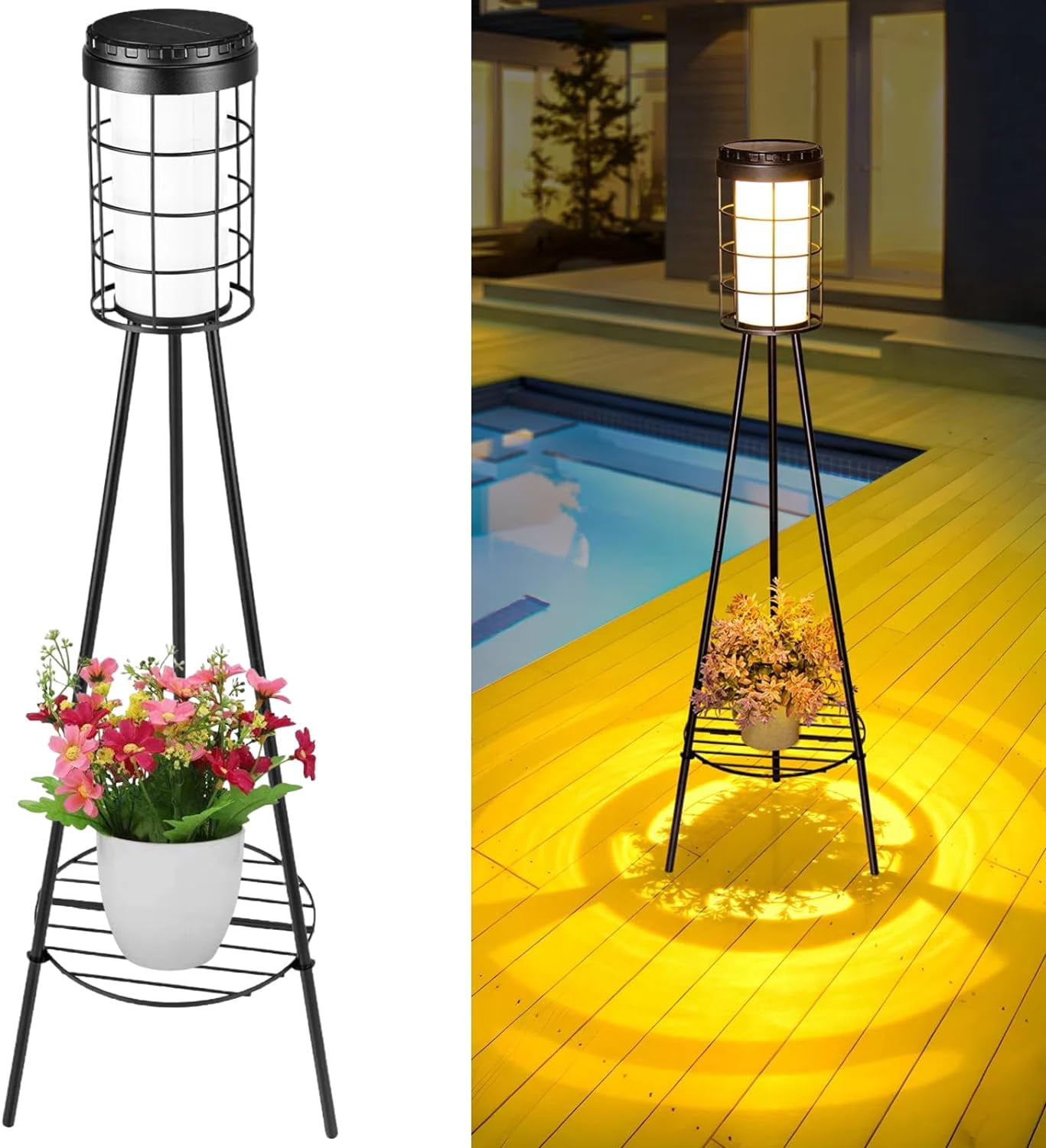 ROSHWEY 1PCS Solar Floor Lights with Plant Stand, Solar Floor Lamps with Flower Shelf Outdoor Waterproof, Solar Charging&USB Charging, Christmas Decor Gift
