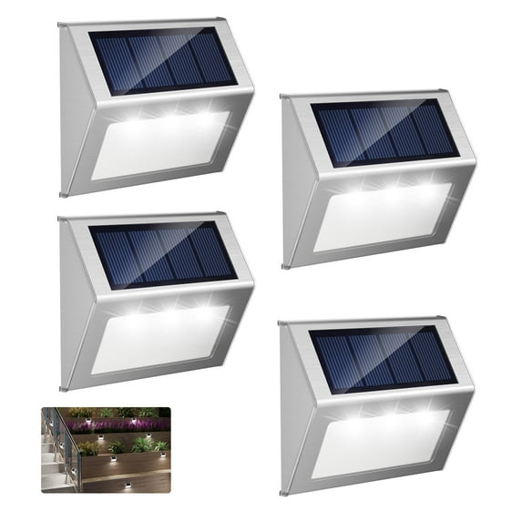 ROSHWEY 4PCS Solar Deck Lights, Solar Outdoor Lights Waterproof, Solar Powered Outdoor Lights Step Lights for Garden Backyard Patio Yard Wall Stair Railing Lighting, Cool Light