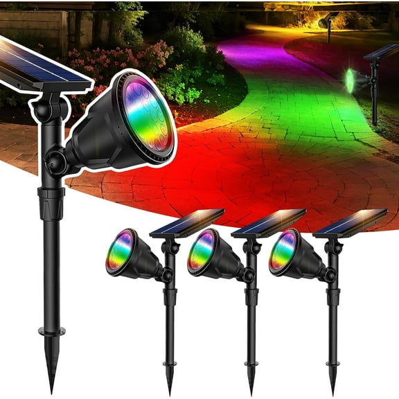 ROSHWEY 4 Pack Color Solar Spot Light for Yard, RGB Solar Light Outdoor Waterproof Color Changing Spotlight Landscape Uplighting with 9 Lighting Options Decor for Backyard Walkway Tree Lawn