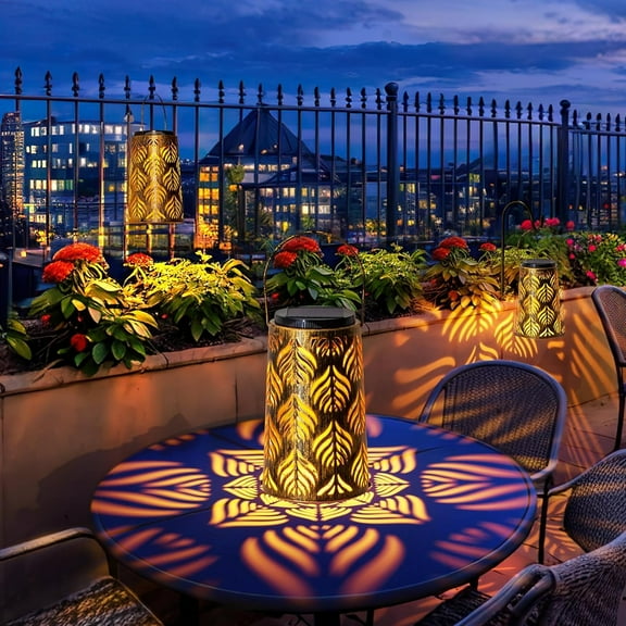 ROSHWEY 4 Pack Outdoor Solar Hanging Lantern Lights Metal LED Decorative Light for Garden Patio Yard Lawn and Tabletop with Hollowed-Out Design, Bronze Color, Leaf Pattern