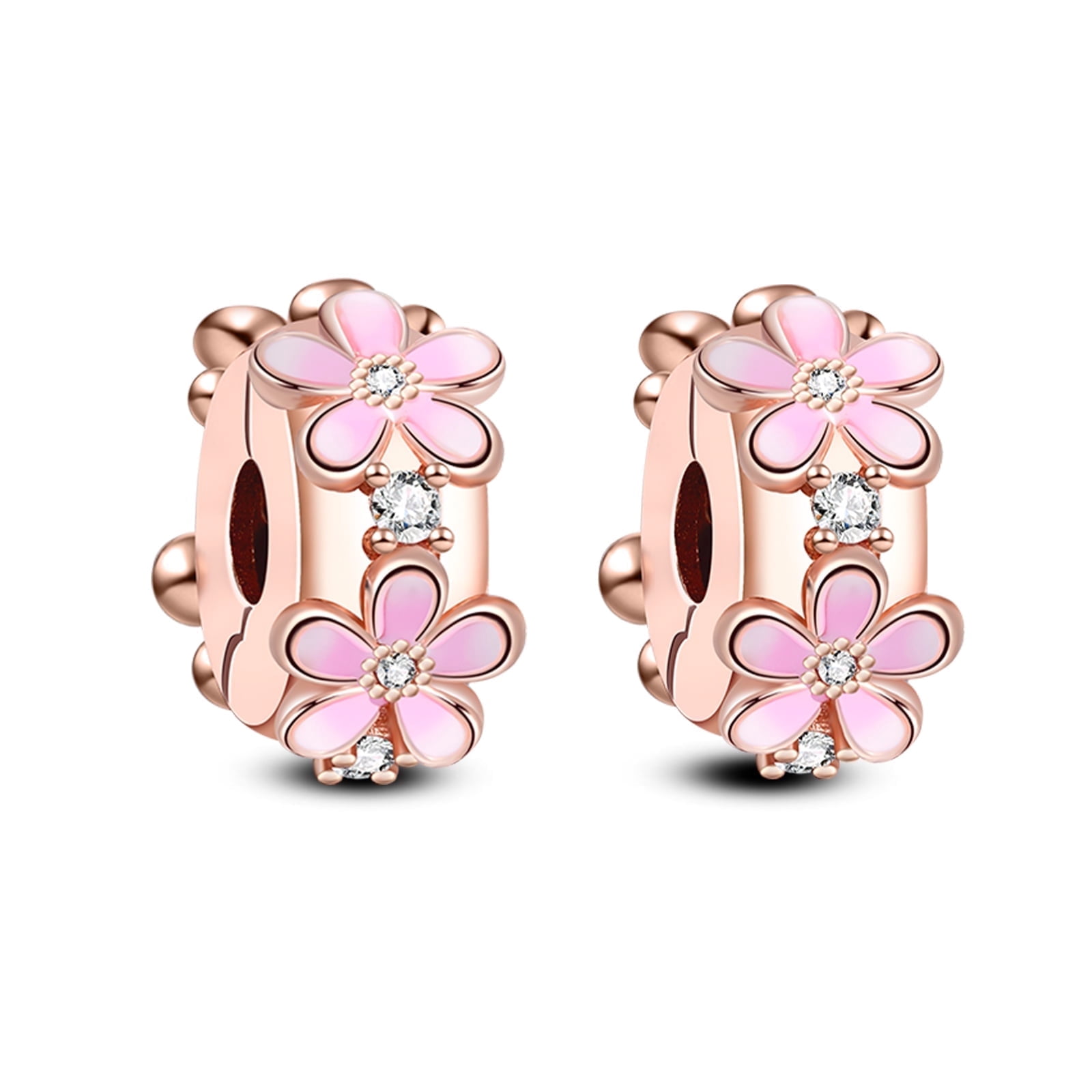 ROSIANNA Sterling Silver Pink Cubic Zirconia Daisy Clips Charms, 0.51 in, 5A ct. t.w., 2 Pack