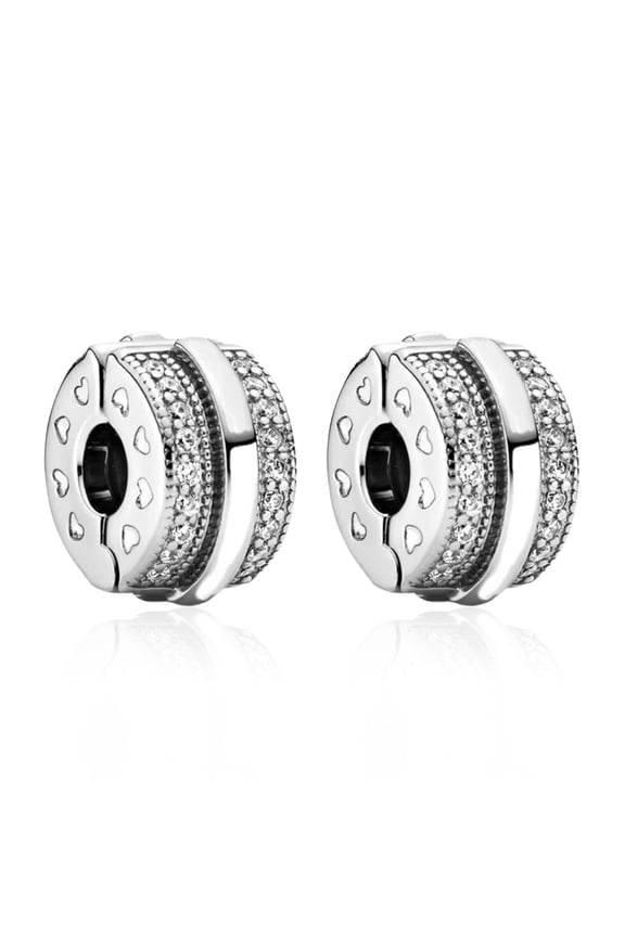 Sterling Silver Sliver Hearts Clips Charms, Clear Cubic Zirconia, Christmas Valentine Mother's Day Gift, 2 Pack