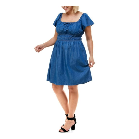 ROSIE HARLOW Womens Blue Flutter Sleeve Square Neck Short Fit + Flare Dress Plus 2X