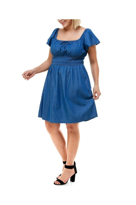 Womens Blue Flutter Sleeve Square Neck Short Fit + Flare Dress Plus 2X