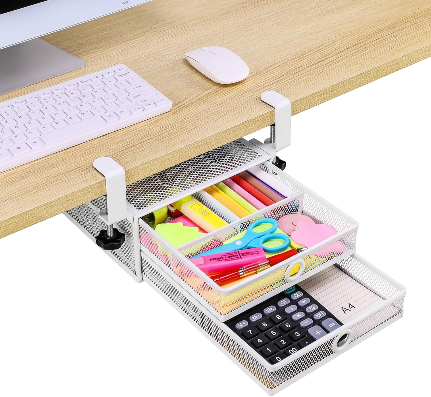 Under Desk & Desktop Drawer Organizer - 2-Tier Metal Slide Out Drawers Organizer, Storage for Home Office Desk (White)