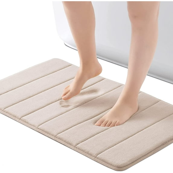 ROSMARUS Memory Foam Bath Mat 17” x 24”, Water Absorbent Shower Mat, Thick Bath Rugs for Bathroom Non Slip with PVC Backing, Ultra Soft Bathroom Rugs for Floor & Tub, Ltbrown