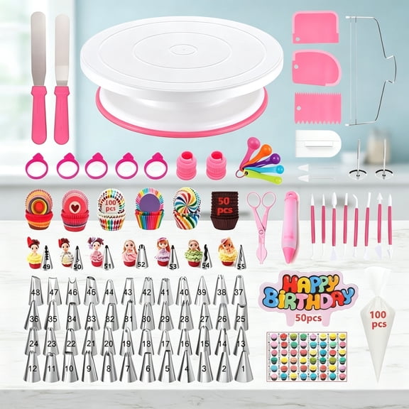 ROSOZ 390Pcs Cake Decorating Kit Baking Supplies Set, Non-Slip Cake Turntable with Numbered Icing Piping Tips, Baking Tools for Beginners & Baking Lovers