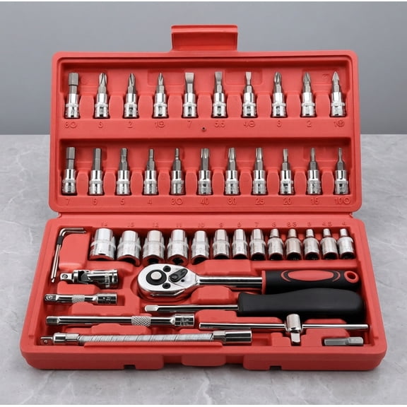 ROSOZ 46PCS Metric Socket Wrench Tool Set, 1/4 Inch Drive CR-V Steel Ratchet Kit, Portable Repair Tools with Extension Rods & Storage Case for Car Maintenance Household DIY