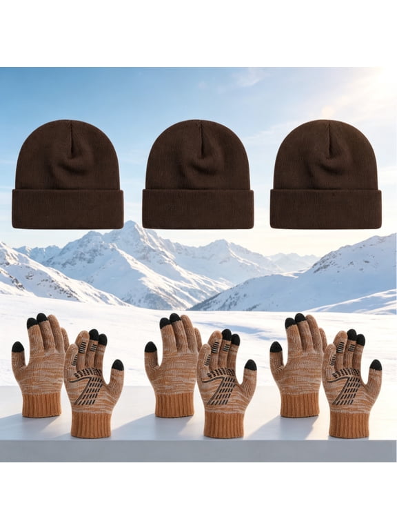 6 Pack Winter Beanie and Gloves Set, Unisex Knit Beanie Hats & Touch Screen Gloves, Warm Stretch Cold Weather Accessories for Men Women Outdoor Casual
