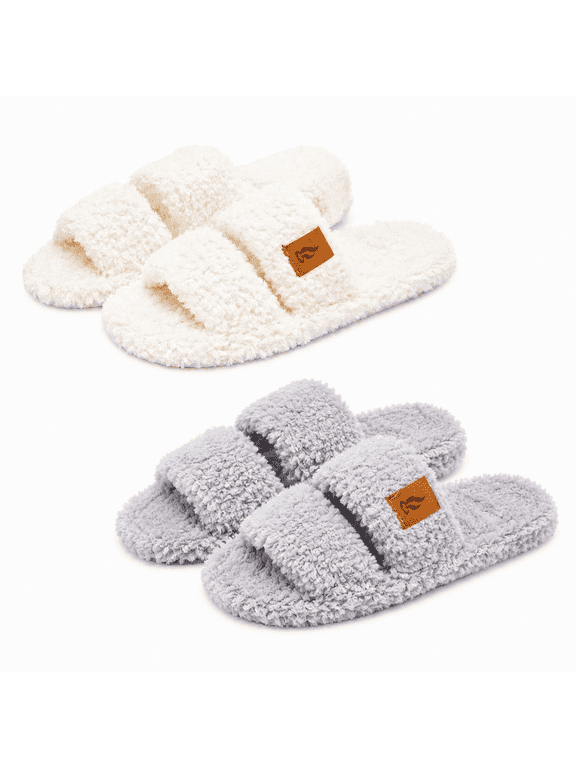 Women's 2-Pack Plush Open-Toe Slippers,Warm Fuzzy Indoor House Shoes for Fall & Winter, Soft Cozy Home Slip-Ons