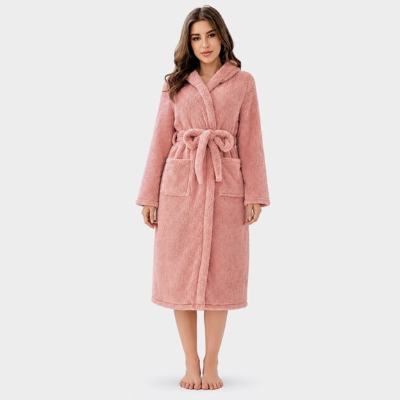 ROSOZ Women's Pink Fuzzy Hooded Plush Robe Warm Long Bathrobe with Pockets