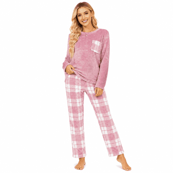 ROSOZ Women's Pink Plaid Flannel Pajama Set – Soft, Warm & Cozy Lounge Wear