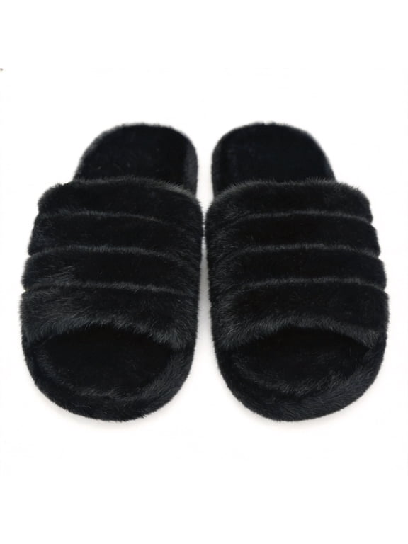 Women's Soft Plush Fuzzy Slippers - Memory Foam Open Toe House Shoes with Anti-Slip Sole, Cozy Indoor/Outdoor Bedroom Sandals (Available in Pink, Grey, Black)