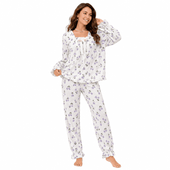 ROSOZ Women's Winter Flannel Pajama Set – Floral Print, Long Sleeve & Pants, Sweet Princess Style