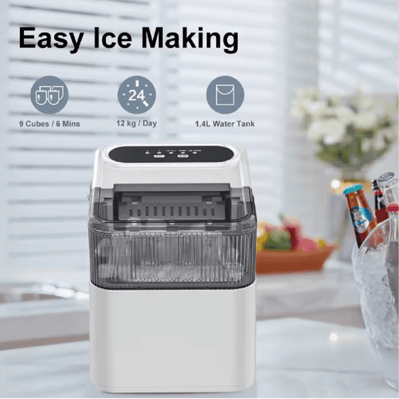 ROSQZER Ice making machines,Countertop Ice Maker Machine with Handle, 26lbs Per Day, 9 Ice Cubes Ready in 6 Mins, Auto-Cleaning Portable Ice Maker with Basket and Scoop (White)