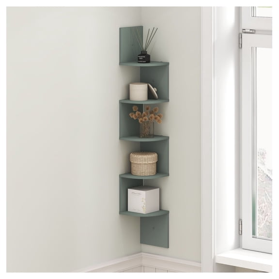 ROSSI Corner Shelf 5-Tier, Sage Green Zigzag Floating Bookcase for Living Room, Bedroom, Home Office - Space Saving Wall Mounted Display