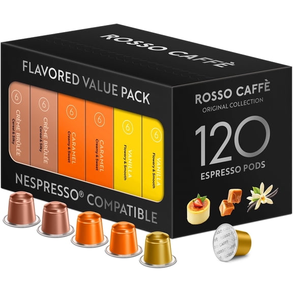 ROSSO CAFF 120 Espresso Coffee Pods for Nespresso Original Machines - Value Pack of Premium Flavored Capsules, 3 Rich and Balanced Desert Coffees (Vanilla, Crme Brulee, Caramel)