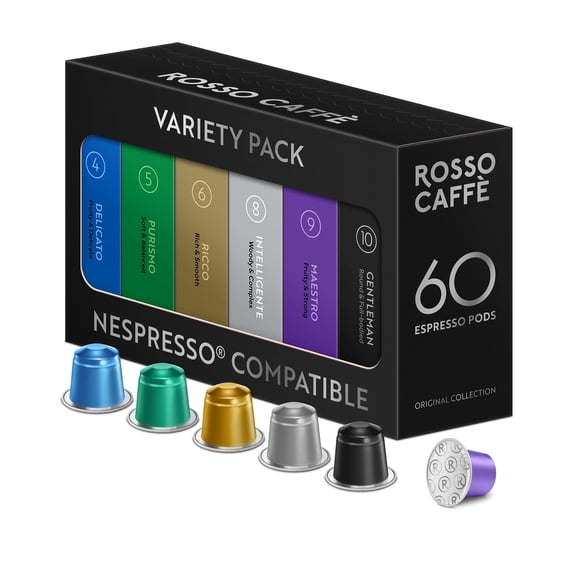 ROSSO CAFF 60 Espresso Coffee Pods for Nespresso Original Machines - Premium Capsule Sampler Variety Pack 6 Flavors, Rich Breakfast to Intense Roasts