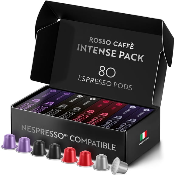 ROSSO CAFF Espresso Coffee Pods for Nespresso Original Machines - 80 Capsules Dark Roast Intense Pack, 4 Strong and Robust Flavors - Made in Italy