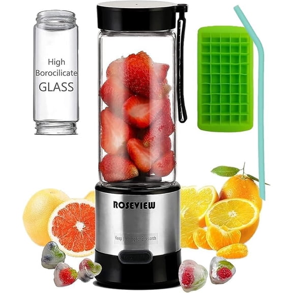ROSVIEW Portable Smoothie Blender, USB Rechargeable Personal Blender for Shakes & Smoothies, 15oz Travel Mini Juicer Cup