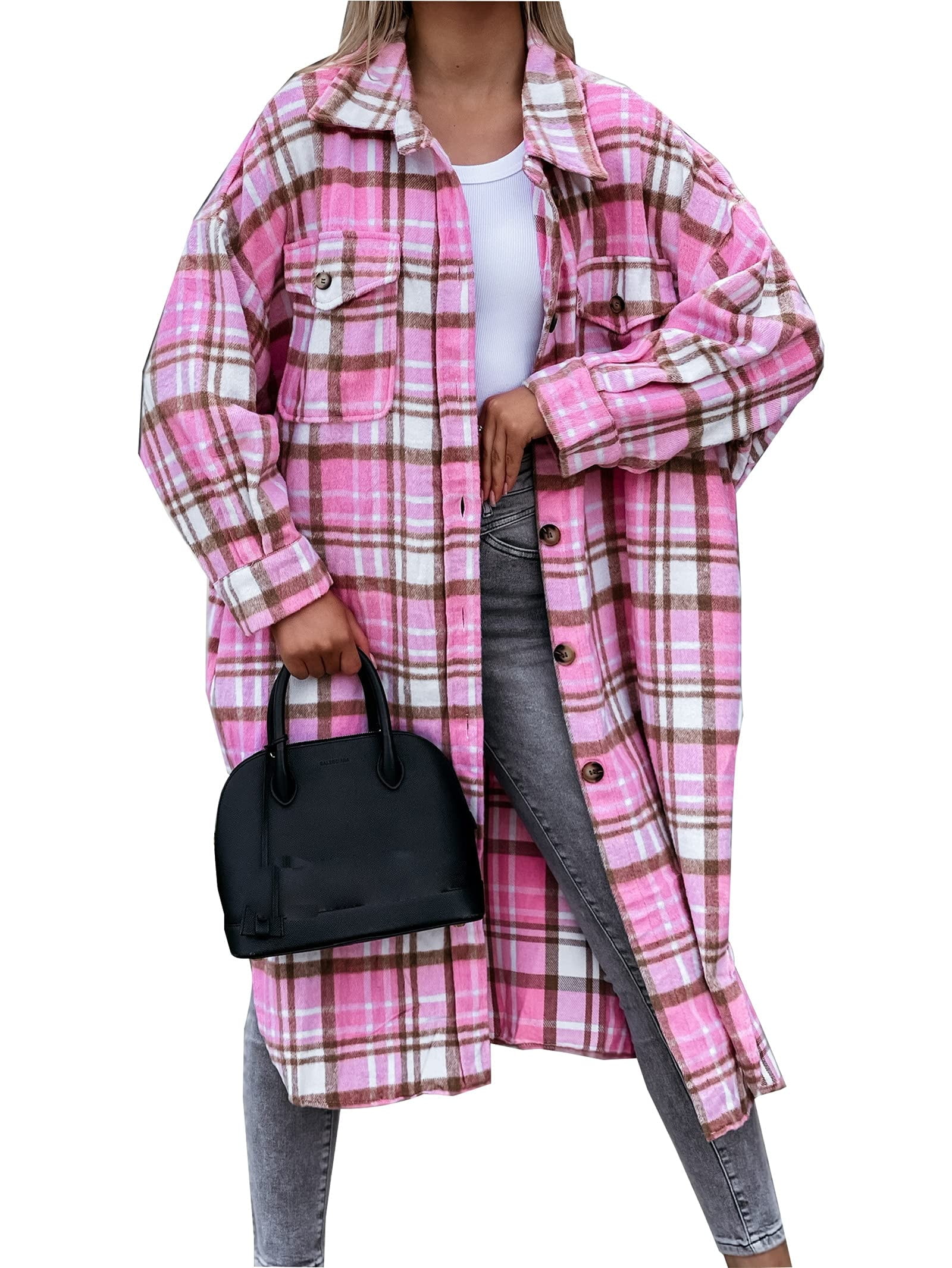 ROSVIGOR Flannel Shirts For Women Winter Coat Long Plaid Shirt Button