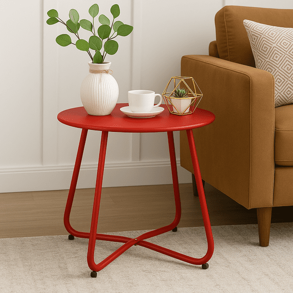 ROSVOVO 18-Inch Outdoor Round Side Table - Rust-Proof Metal Accent Table with Adjustable Feet for Patio, Porch, Balcony, Red