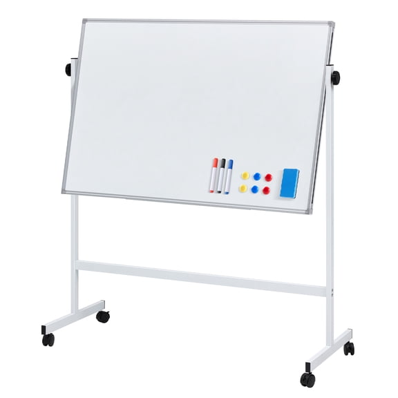 ROSVOVO 46x32 Inch Mobile Magnetic Whiteboard on Wheels | Double-Sided Height-Adjustable Aluminum Stand for Office, Classroom & Home, White