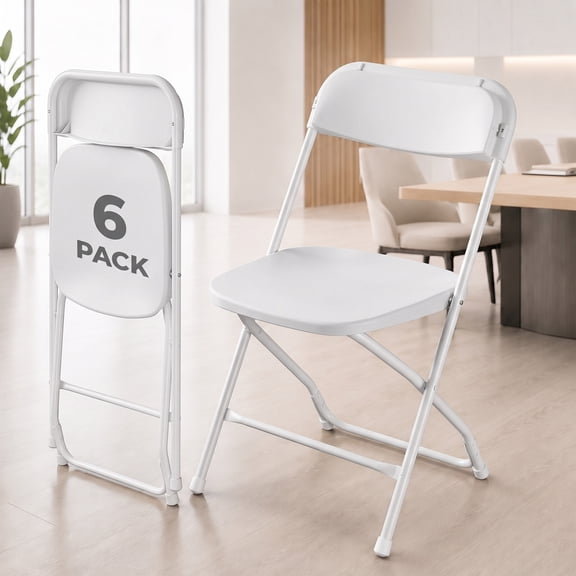 ROSVOVO 6 Pack Folding Chairs,Plastic Foldable Chairs with Metal Frame, 350 lb Capacity for Events, Office, Dining, White