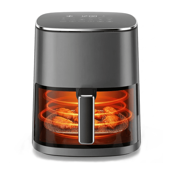 ROSVOVO Air Fryer 6-Quart with Viewing Window 12-in-1 Functions Digital Cooker for Crispy Fries Roasted Chicken Wings, 400°F Max Temperature, Gray