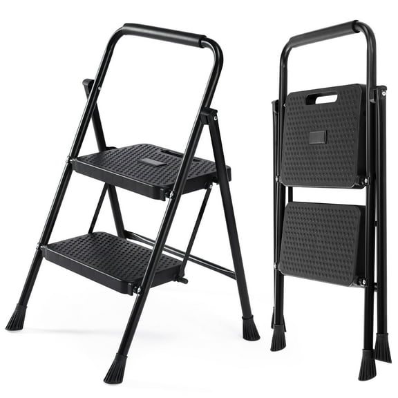 ROSVOVO Foldable 2-Step Ladder with Safety Lock - Lightweight Anti-Slip Step Stool for Kitchen, Garage & Home, 235lbs Capacity, Black