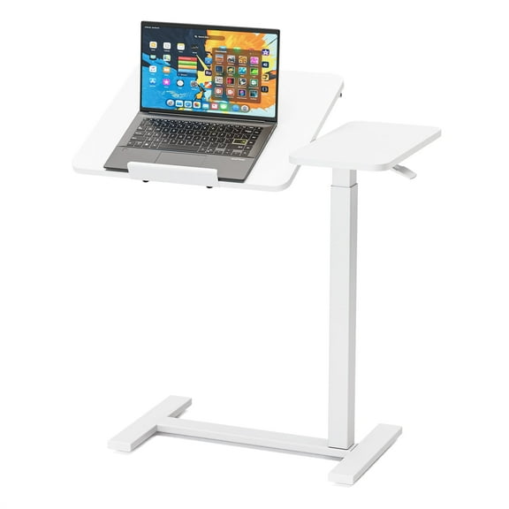 ROSVOVO Height Adjustable Overbed Table with Wheels - Mobile Standing Rolling Laptop Table Tilting Bed Tray Desk with Hidden Casters for Hospital & Home, White