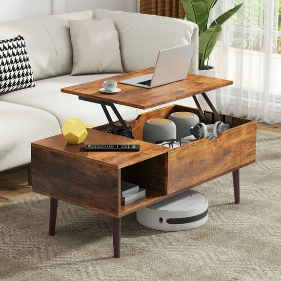 ROSVOVO Lift Top Coffee Table with Hidden Compartment & Storage Shelf - Wooden Center Table for Living Room/Reception Room, Rustic Brown
