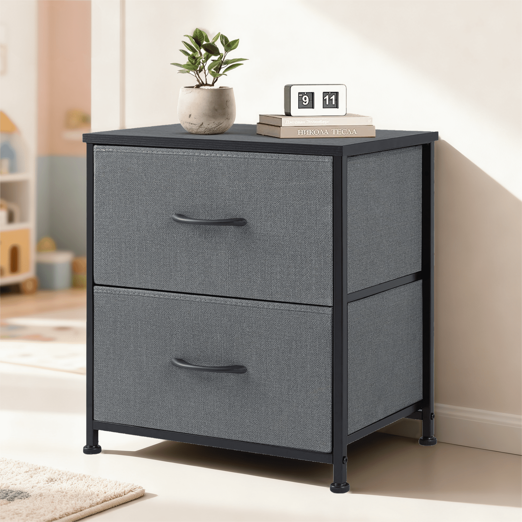 mini dresser nightstand DEXYLLO Nightstand with 2 Fabric Drawers, Small Dresser for Bedroom, Bedside End Table for Closet, Charcoal Black Wood Grain Print