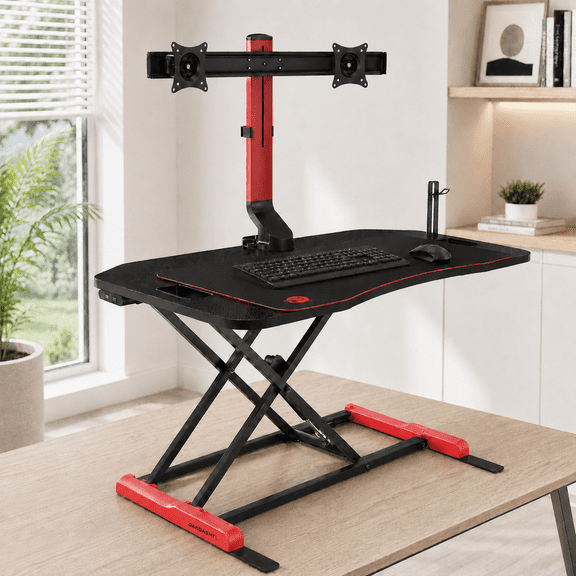 ROSVOVO Standing Desk Converter With Dual Monitor Mount, Height Adjustable Computer Monitor Stand, Gaming Desk Riser, Black