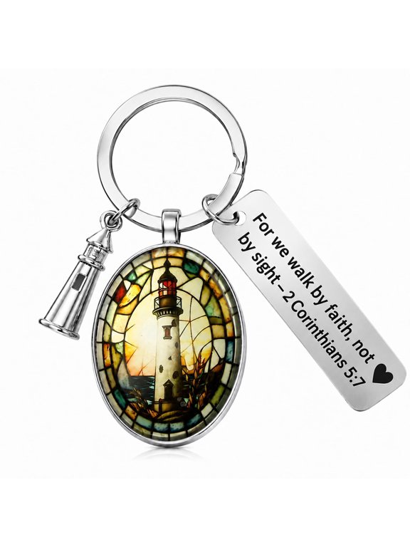 3D Glass Lighthouse Keychain with Bible Verses, Christian Gifts for Women Faith For we walk by faith, not by sight 2 Corinthians 5:7