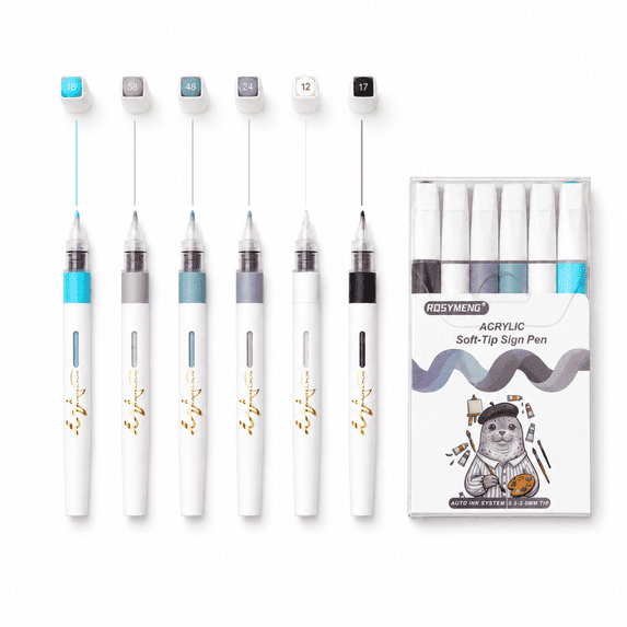 ROSYMENG 0.5-2mm Acrylic Soft Plastic Tip Painting Pens for Sketching, 6-Count
