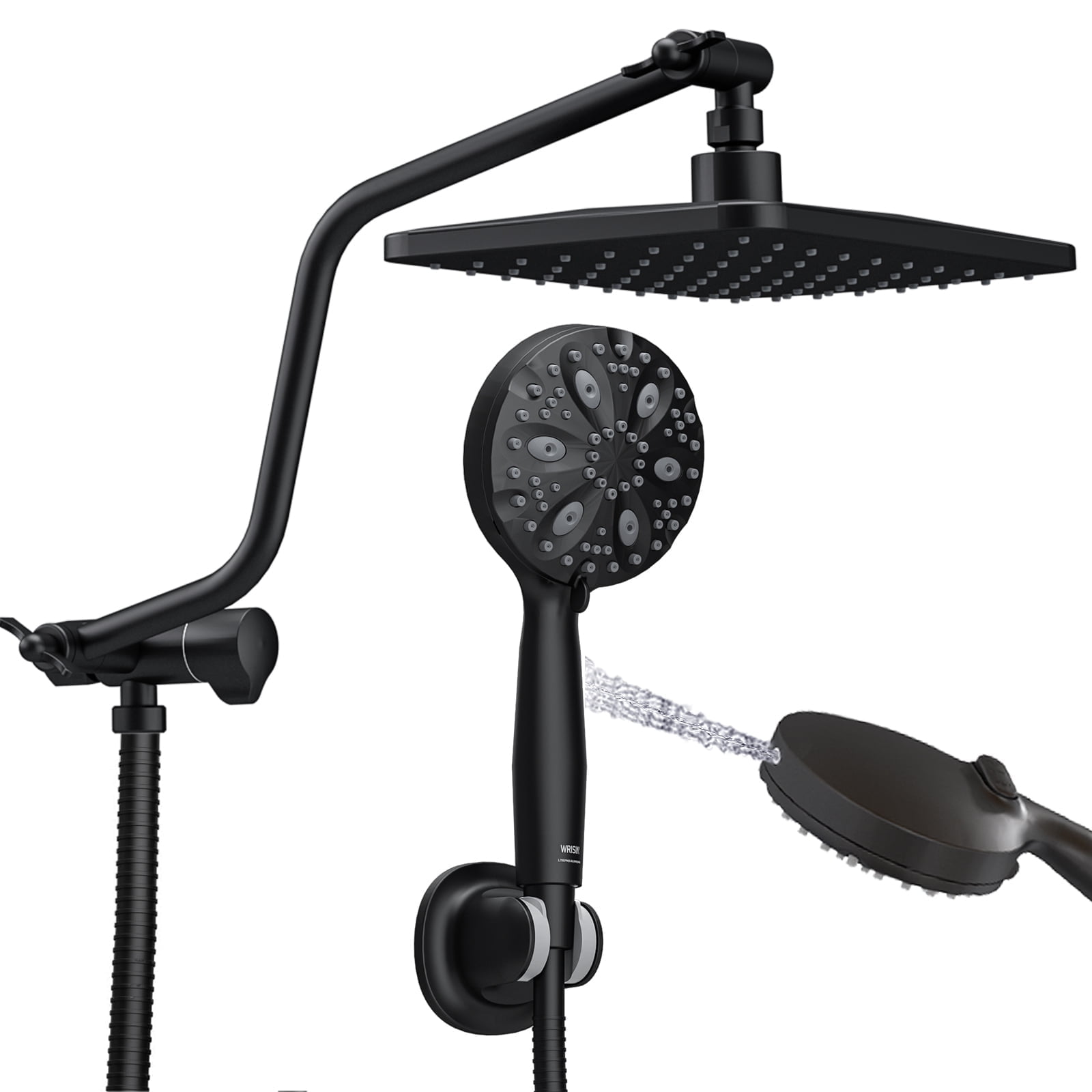 ROSYNEY 10 Inch Rain Shower Head with Handheld Spray, 7-Function Handheld Showerhead, Adjustable Metal Shower Extension Arm, Stainless Steel Hose, Matte Black
