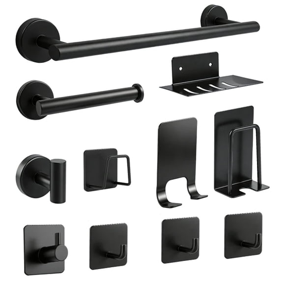 ROSYNEY 11-Piece Bathroom Hardware Set, Black Stainless Steel Bathroom Collection, Towel Rack, Towel Hook, Toilet Paper Holder, and Soap Dish