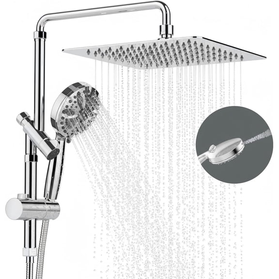 ROSYNEY 12 Inch Rain Shower Head with 8-Setting Handheld Spray Combo, Metal Height Adjustable Shower Arm, Slide Bar with Holder, Stainless Steel Hose, Chrome